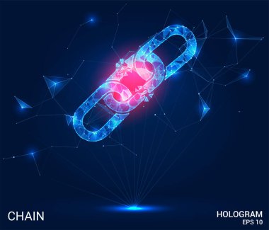 Hologram zinciri. Bir çokgen zinciri, üçgenler, noktalar ve doğrular. Zincir düşük-polyester bağlantı yapısıdır. Teknoloji konsepti