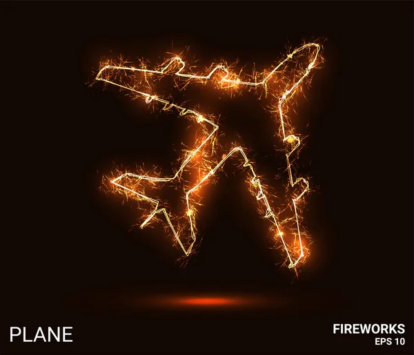 Uçak havai fişekleri. Bir uçak kıvılcım ve ateşten oluşur. Neşeli, parlak havai fişekler. Kutlamalar ve tatiller için dekoratif unsur. Vektör illüstrasyonu