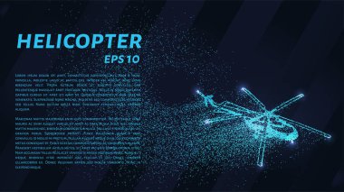 Parçacıkların helikopteri. Helikopter noktalardan ve dairelerden oluşuyor. Koyu arkaplanda mavi bir helikopter