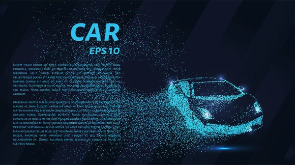 Parçacıklardan alınan araba. Araba noktalardan ve dairelerden oluşuyor. Koyu arkaplanda mavi araba