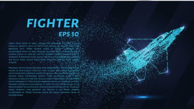 Parçacıkların savaşçısı. Askeri uçaklar noktalardan ve dairelerden oluşur. Koyu arkaplanda mavi bir savaşçı