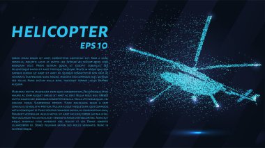 Parçacıkların helikopteri. Helikopter noktalardan ve dairelerden oluşuyor. Koyu arkaplanda mavi bir helikopter