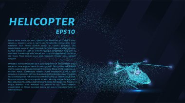 Parçacıkların helikopteri. Helikopter noktalardan ve dairelerden oluşuyor. Koyu arkaplanda mavi bir helikopter