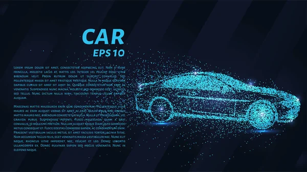 Parçacıklardan alınan araba. Araba noktalardan ve dairelerden oluşuyor. Koyu arkaplanda mavi araba