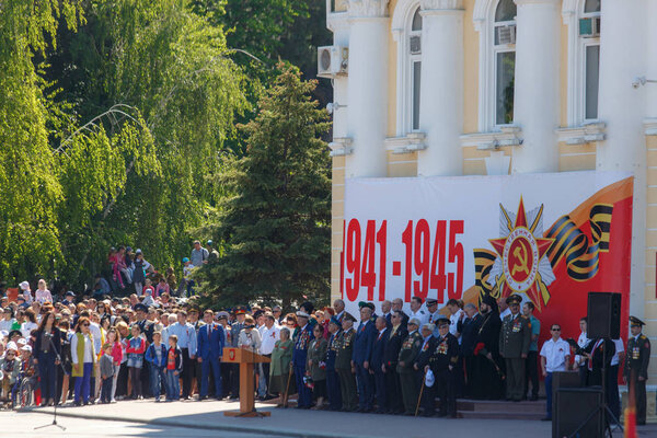 Gelendzhik, Krasnodar region, Russia, may 9, 2018. Victory Parade In Gelendzhik. Columns of soldiers and veterans of Russia are columns in the parade in honor of the victory of the USSR in the great Patriotic War. 