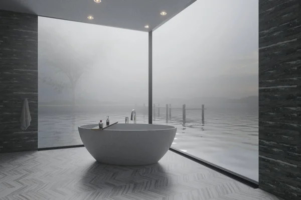 Rendering Elegante Bagno Con Vasca Autoportante Fronte Bellissimo Lago Nella — Foto Stock