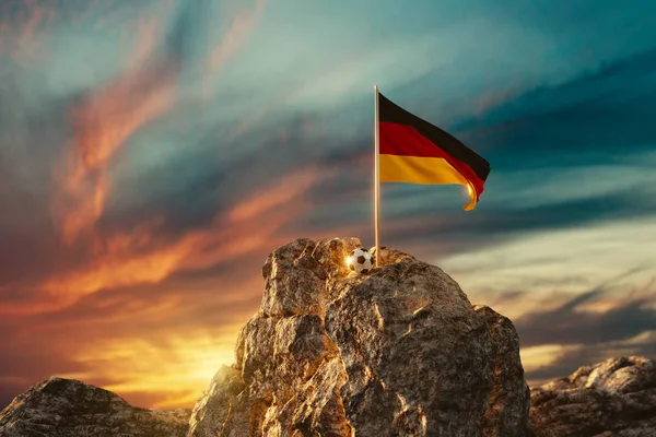 Renderização Acenando Bandeira Alemã Lado Bola Futebol Paisagem Rochosa Belo — Fotografia de Stock