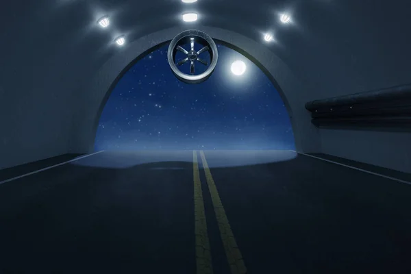 Візуалізація Порожнього Шосе Бетонного Тунелю Вогнями Вночі Місячному Світлі — стокове фото