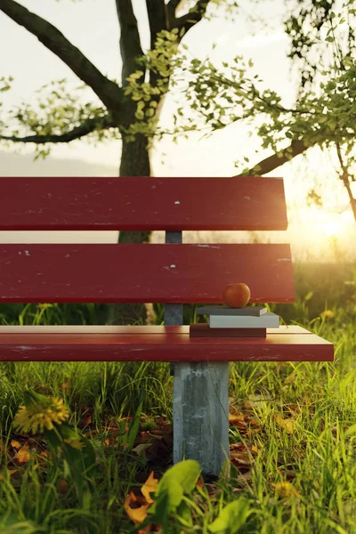 Rendering Red Bench Books Apple Fruit Evening Sunlight — Stock Photo, Image