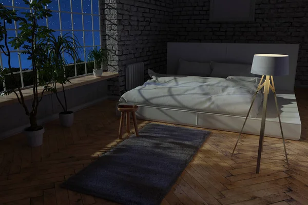 Yatak Odası Beyaz Tuğla Duvar Parke Zemin Ile Render Geceleri — Stok fotoğraf