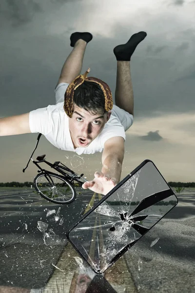 Teen Have Accident Bicycle Flying Shattered Smart Phone Which Falling — Stock Photo, Image