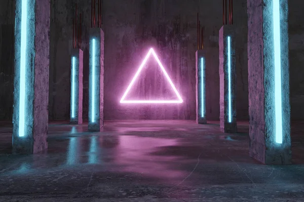 Rendering Magenta Lighten Triangle Shape Next Blue Concrete Pillars Grunge — Stock Photo, Image