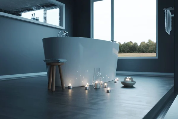 Rendering 3d di lusso bagno grigio con vasca autoportante — Foto Stock