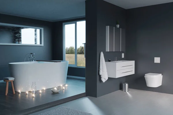 Rendering 3d di lusso bagno grigio con vasca autoportante — Foto Stock