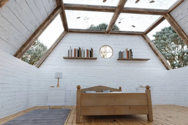 3D візуалізація дерев'яної спальні з панорамним дахом в кабіні хо — стокове фото
