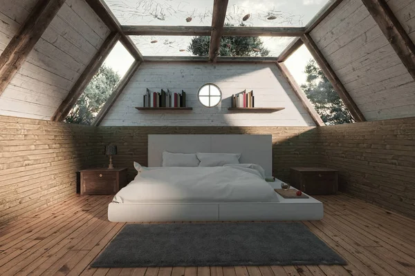 木制卧室的3D渲染，在小屋中带有全景屋顶 — 图库照片