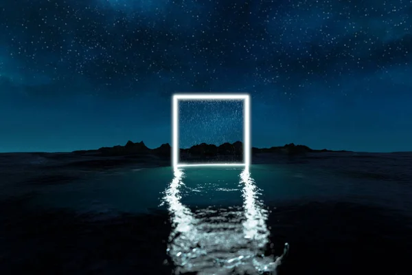 Renderowanie 3D niebieskiego rozjaśnić kwadratowy kształt na wodzie w nocy — Zdjęcie stockowe
