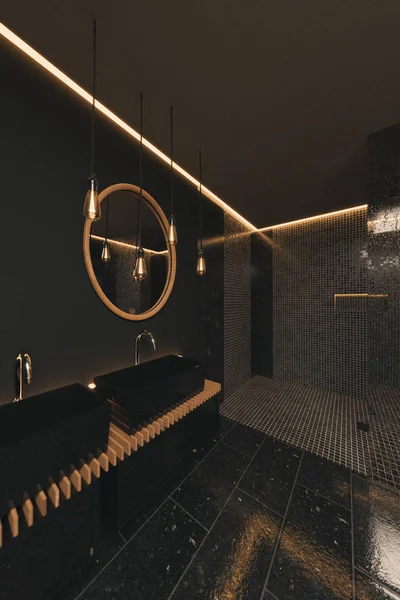 3d representación de precioso baño negro con iluminación lightbu — Foto de Stock