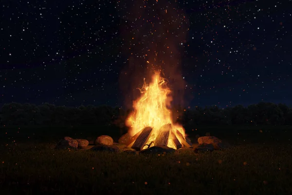 3d rendu de grand feu de joie avec des étincelles et des particules devant o — Photo