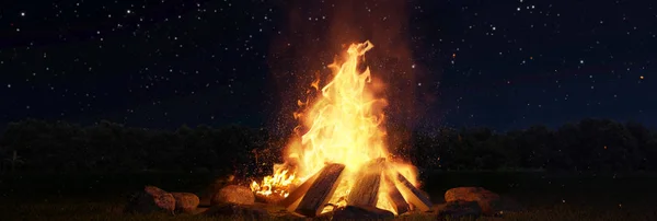 3D-Darstellung von großen Lagerfeuern mit Funken und Partikeln davor — Stockfoto