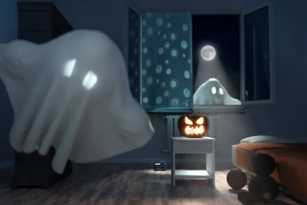 3D візуалізація дитячої кімнати вночі з літаючими привидами і — стокове фото