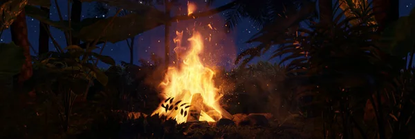 夜间在丛林中放大篝火 喷出火花 — 图库照片