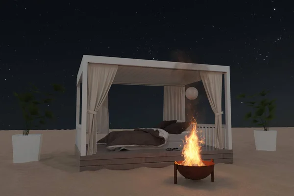 星空の前の砂浜で快適なベッドと木製のパティオの3Dレンダリング — ストック写真