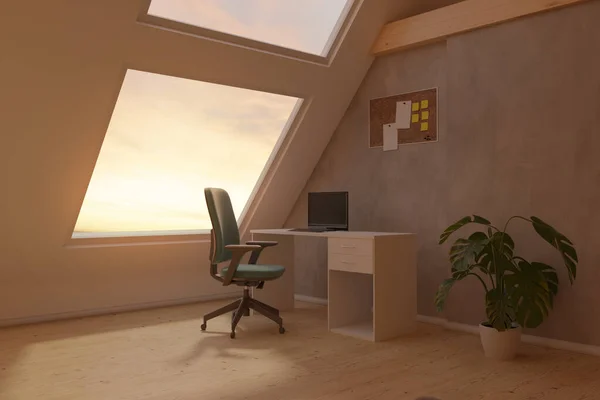 3d rendering of bright attic home office interior with concrete wall and laminate floor