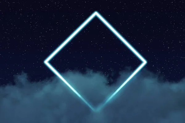 Renderowanie Neonu Obrócony Kwadrat Nad Puszystymi Chmurami Przed Gwiaździstym Niebem — Zdjęcie stockowe
