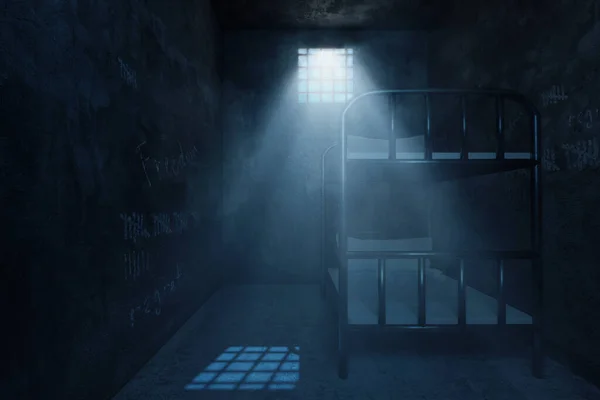 Рендеринг Гранж Тюремной Камеры Двухъярусной Кроватью Световым Лучом Окна Ночью — стоковое фото