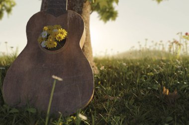 3d rendering of a leaning old ukulele filled with flowers clipart