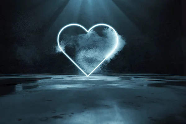 Darstellung Von Blauem Hellt Herzform Mit Lichtstrahlen Vor Grunge Wandhintergrund — Stockfoto