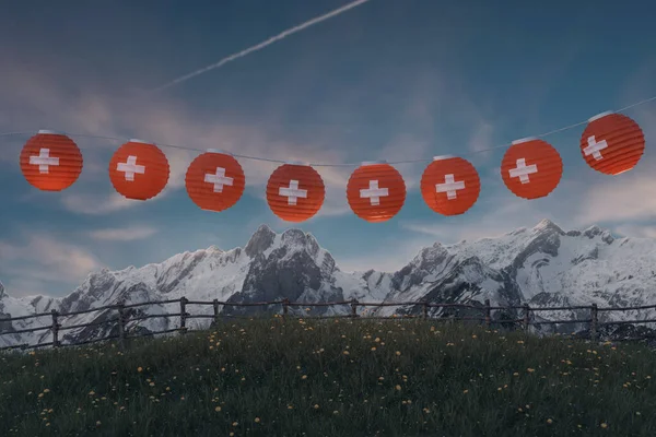 Rendu Suspension Éclaircir Lanterne Couverte Drapeau Suisse Sur Les Pâturages — Photo