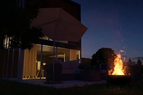 Візуалізація Вишуканого Саду Меблями Ротанга Іржавою Пожежною Кулею Вночі — стокове фото
