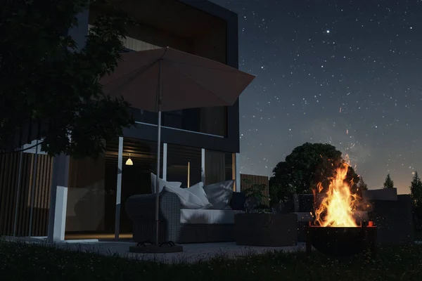 Rendering Bel Giardino Con Mobili Rattan Fuoco Arrugginito Notte — Foto Stock