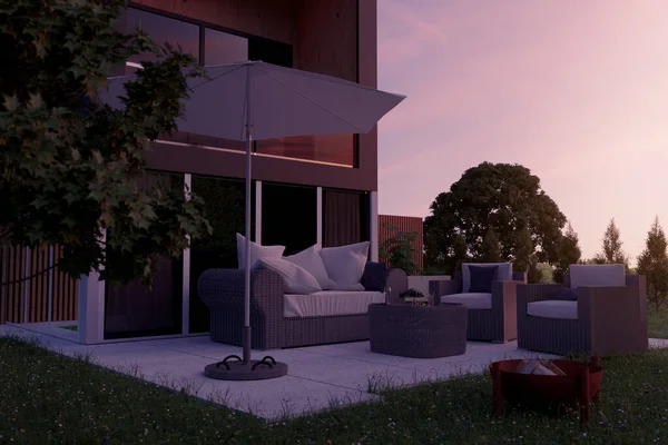 夕方の光の中で籐の家具と錆びた火のボウルと美しい庭の3Dレンダリング — ストック写真