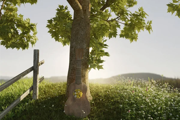 Representación Árbol Arce Alta Colina Verde Con Viejo Ukelele Inclinado —  Fotos de Stock