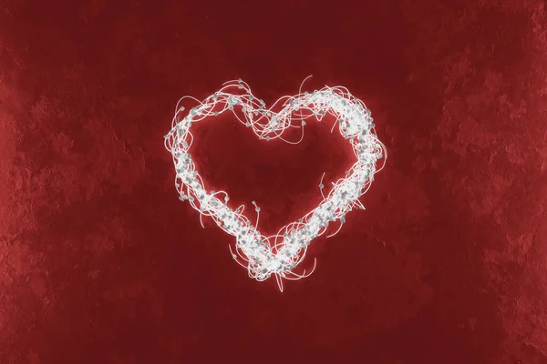 Aydınlatılmış Kalp Şeklinin Boyutlu Görüntülenmesi Kırmızı Arkaplanda Kabloyla Kucaklanıyor — Stok fotoğraf