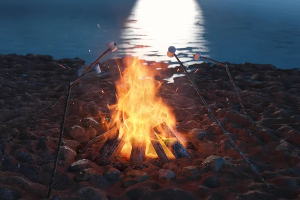 Darstellung Eines Großen Lagerfeuers Mit Stöcken Und Marshmallows Vor Der — Stockfoto