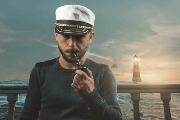 Porträt Des Steuermanns Vor Meer Und Leuchtturm Der Abendsonne — Stockfoto