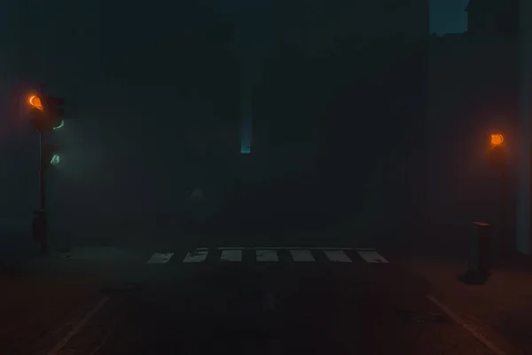 Визуализация Городской Туманной Сцены Подсветкой Светофора Пешеходным Переходом — стоковое фото