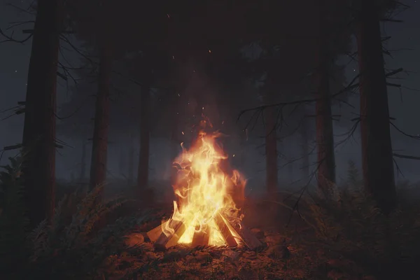 Representación Gran Hoguera Con Chispas Bosque Noche Niebla — Foto de Stock