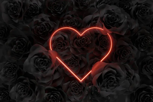 在许多黑色的玫瑰上渲染红色的心框 简约花式概念的平铺 — 图库照片