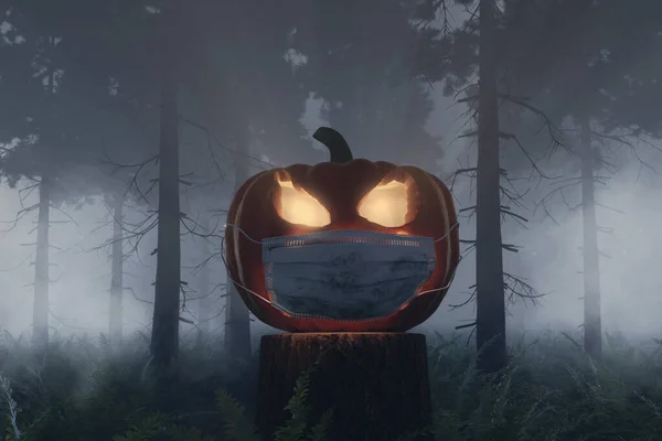 Rendering Shiny Halloween Jack Lantern Pumpkin Covered Face Mask Foggy — Stock Photo, Image
