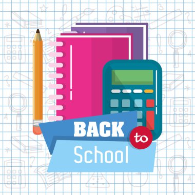 defter kalem ve okulda hesap makinesi ile arka plan vektör çizim malzemeleri