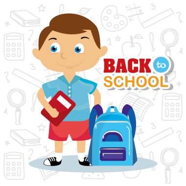 çocuk öğrenci defter ve sırt çantası ile vektör çizim malzemeleri