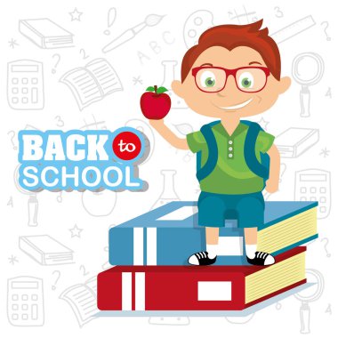 Oğlum kitap ve elma meyve ile öğrenci gözlük illüstrasyon vektör