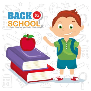 elma meyve ve kitap vektör çizim ile çocuk öğrenci sırt çantası