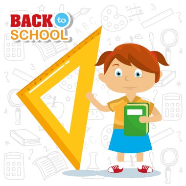 üçgen cetvel ve kitap vektör Illustration ile şirin kız öğrenci