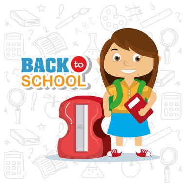 kız öğrenci sırt çantası kitap ve kalemtıraş vektör çizim ile